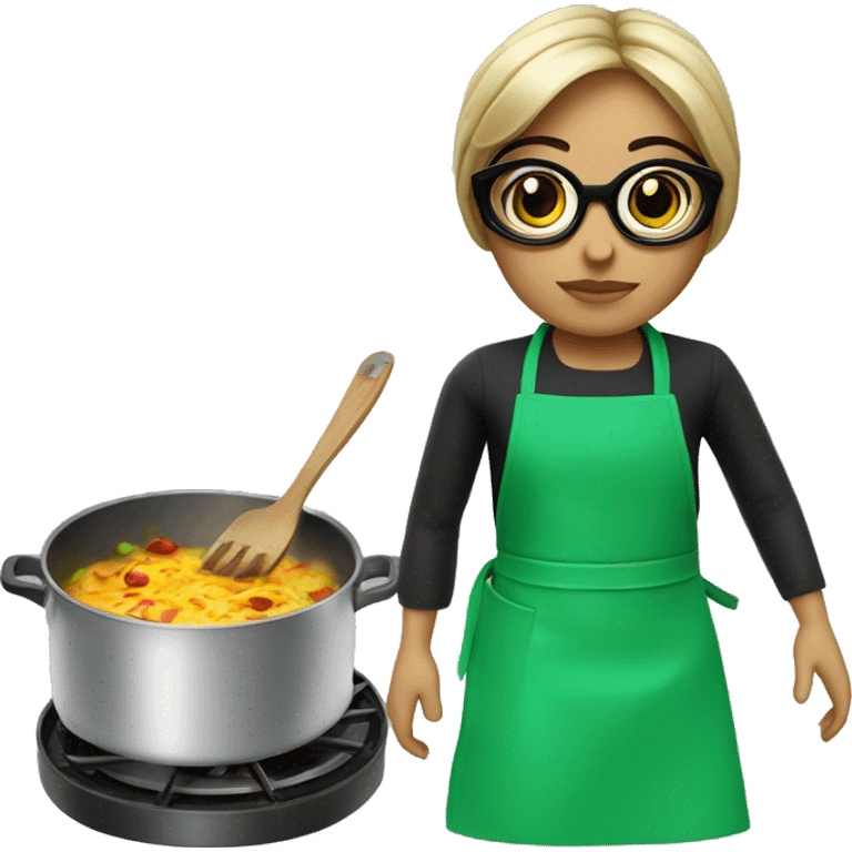 Mexican doll  big eyes green apron  with glasses cooking  emoji