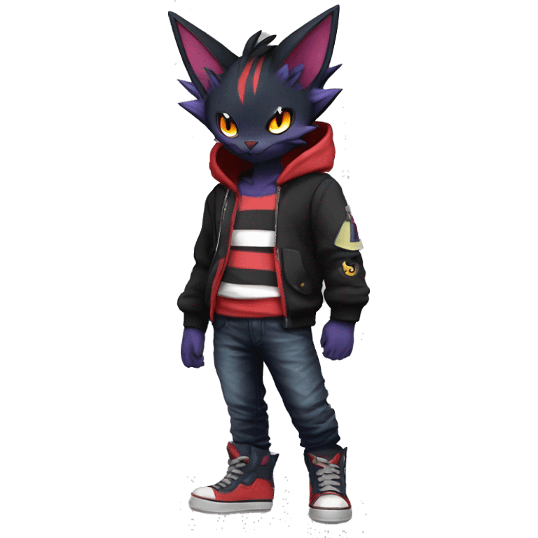 Cool Anthro Black Noibat-Quilava-Litten-Pokémon with edgy stripes hoodie spiked collar punk Full Body emoji