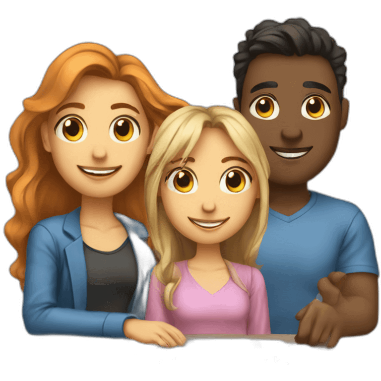 team of 3 friends (2 guys and 1 girl) working on a data science project emoji