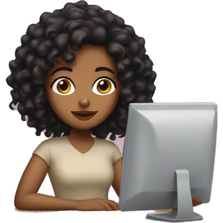 Brown girl with black curly hair and brown eyes on a computer  emoji