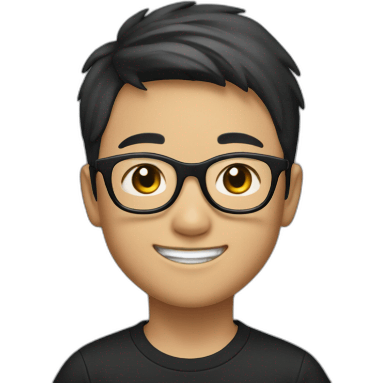 The young Chinese boy smiled with short hair, black-rimmed glasses and a black T-shirt. emoji