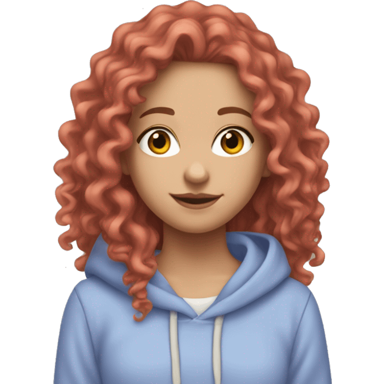 a white girl with long red curly hair, wearing a pastel periwinkle hoodie doing a pose emoji