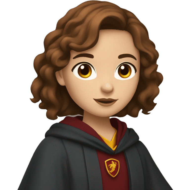 girl with brown hair past her shoulders with blueish grayish eyes wearing a gryffindor robe emoji