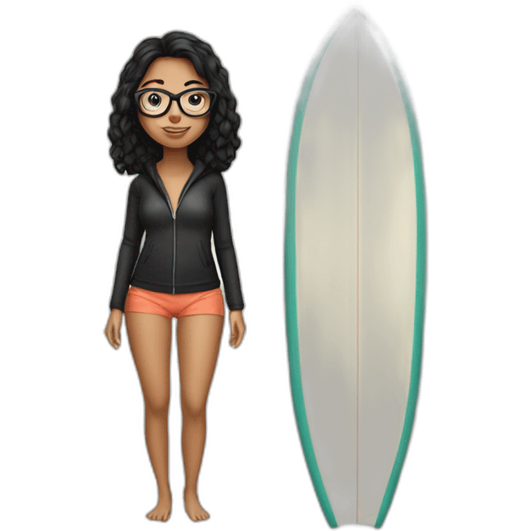 woman on a surfboard black hair glasses emoji