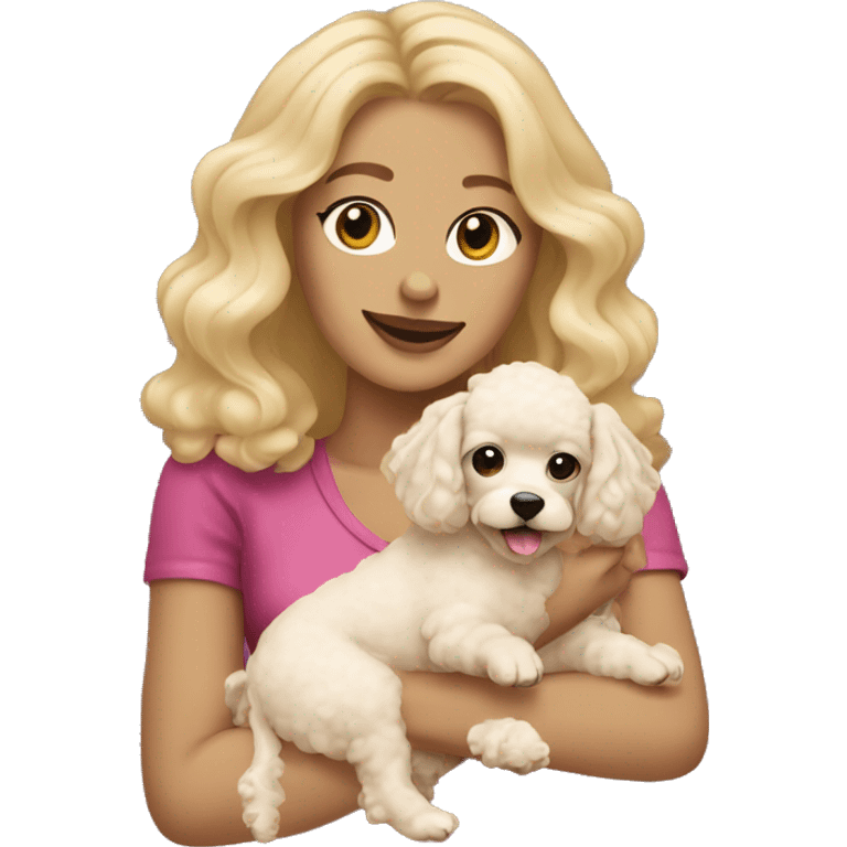 blonde woman holding cream colored poodle puppy emoji