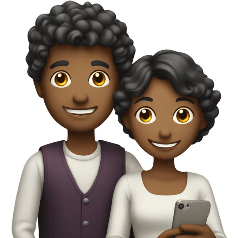 smiling couple with smartphone emoji