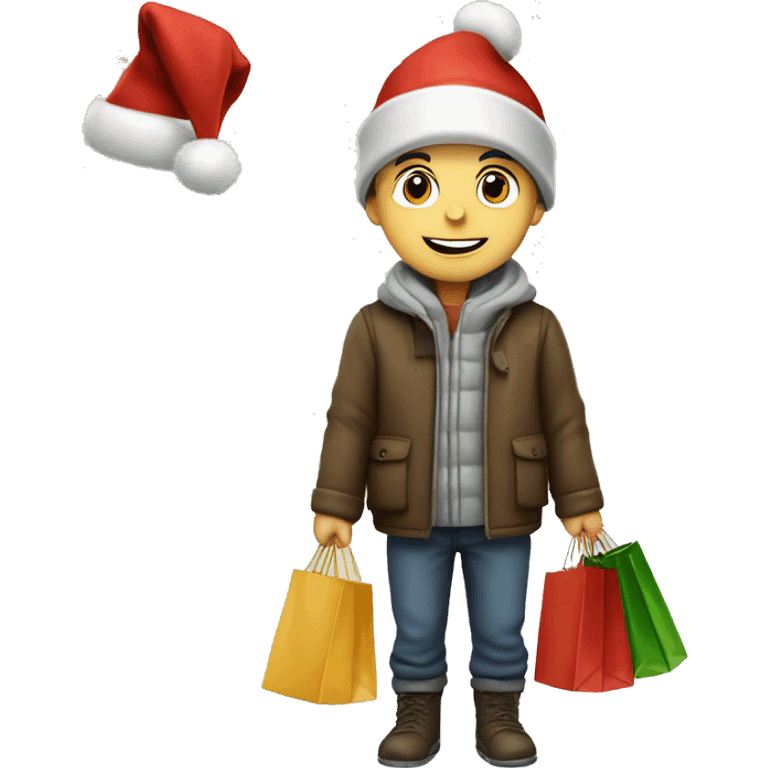 German boy going christmas shopping, buying many presents, wearing warm clothes and a christmas hat emoji