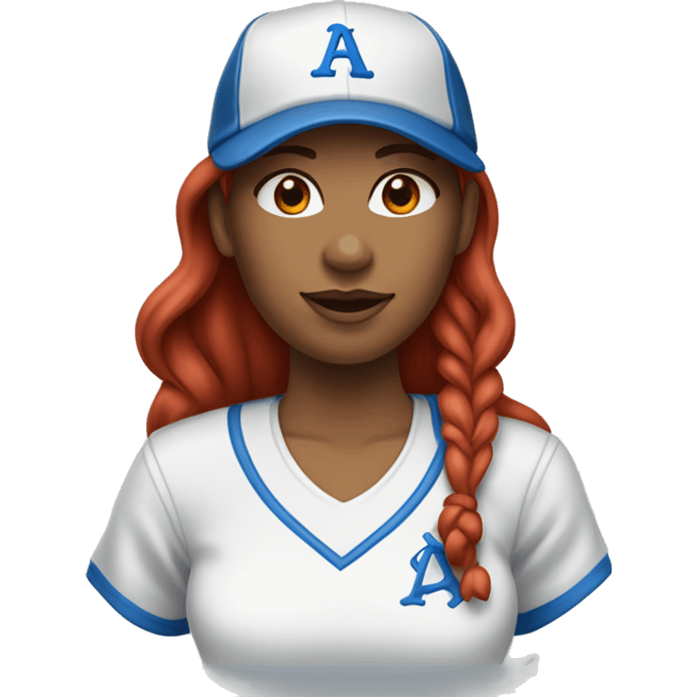 front facing standing up female coach with long red hair, wearing a white t-shirt and a simple baseball blue hat emoji