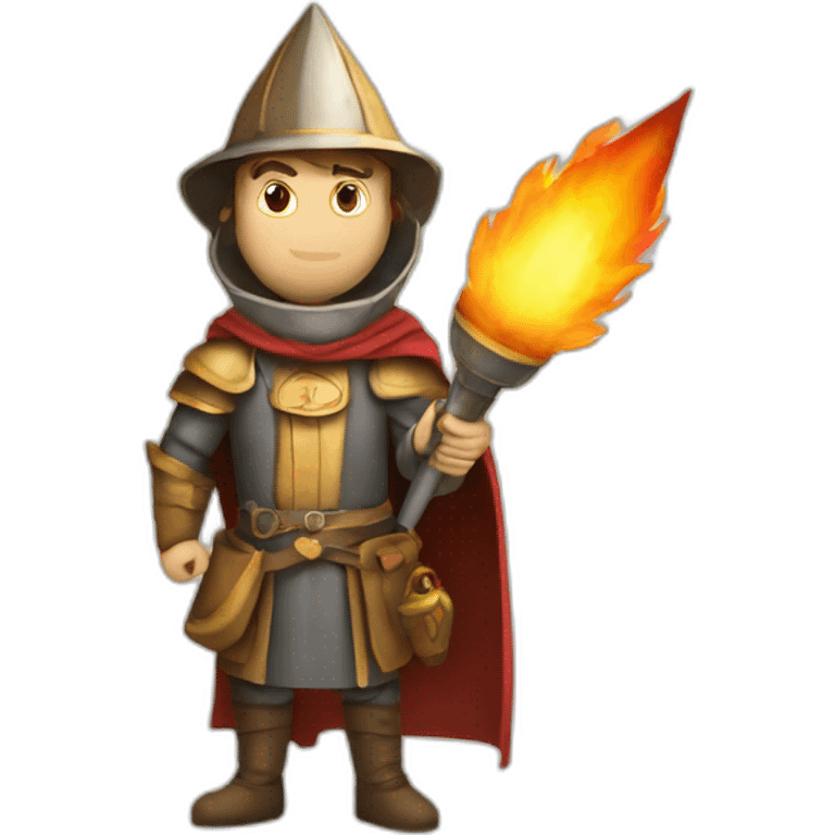 medieval Pyrotechnician holding a rocket in one hand and a torch in the other emoji