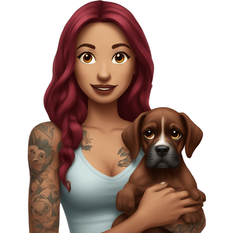 Beautiful tattooed  burgundy long haired woman holding a boxer puppy emoji