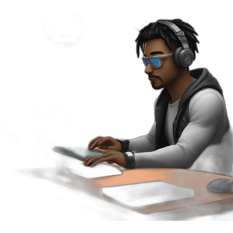 a male is coding at his cyberpunk room, there is a code at his monitor emoji