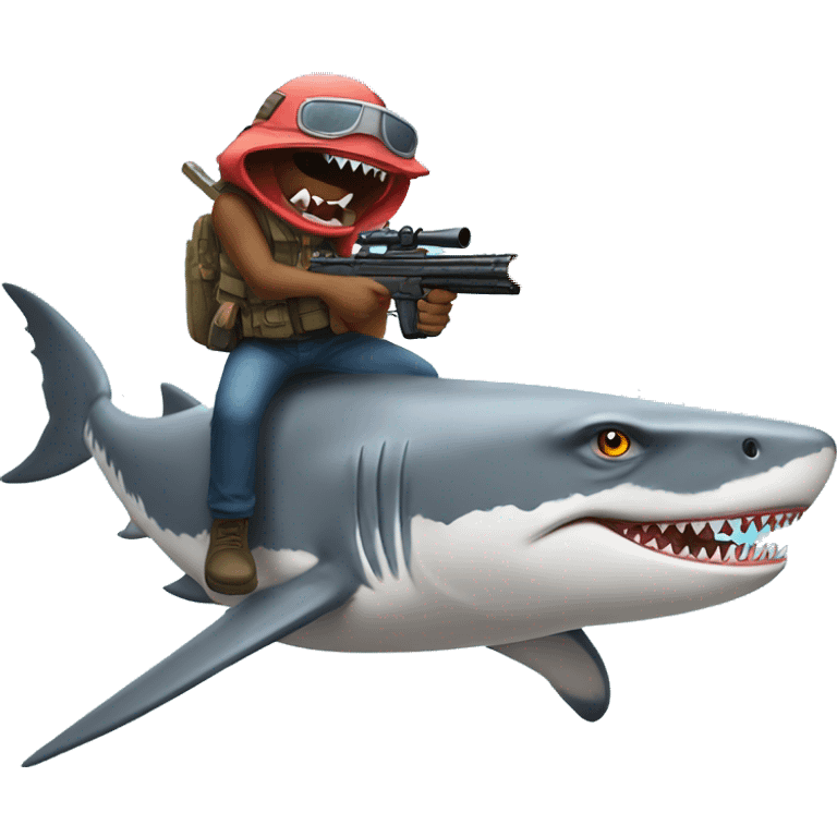 Raptor shooting laser guns while riding a shark emoji