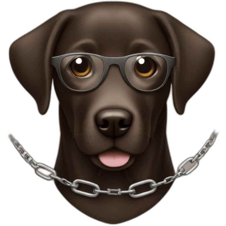 dark brown labrador, smiling, with glasses, and a chain with the initials "Sam" emoji