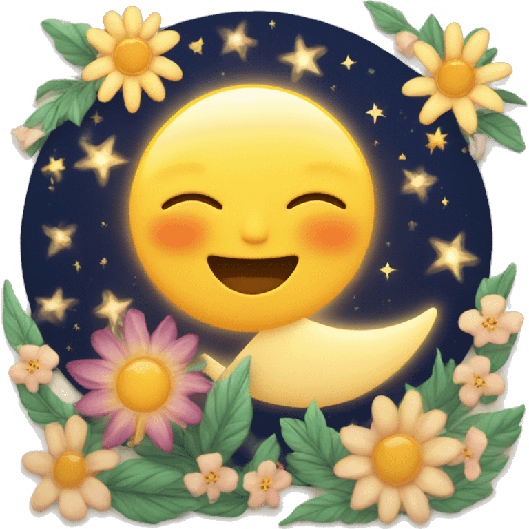 Sun and crescent moon kissing with stars and flowers around emoji