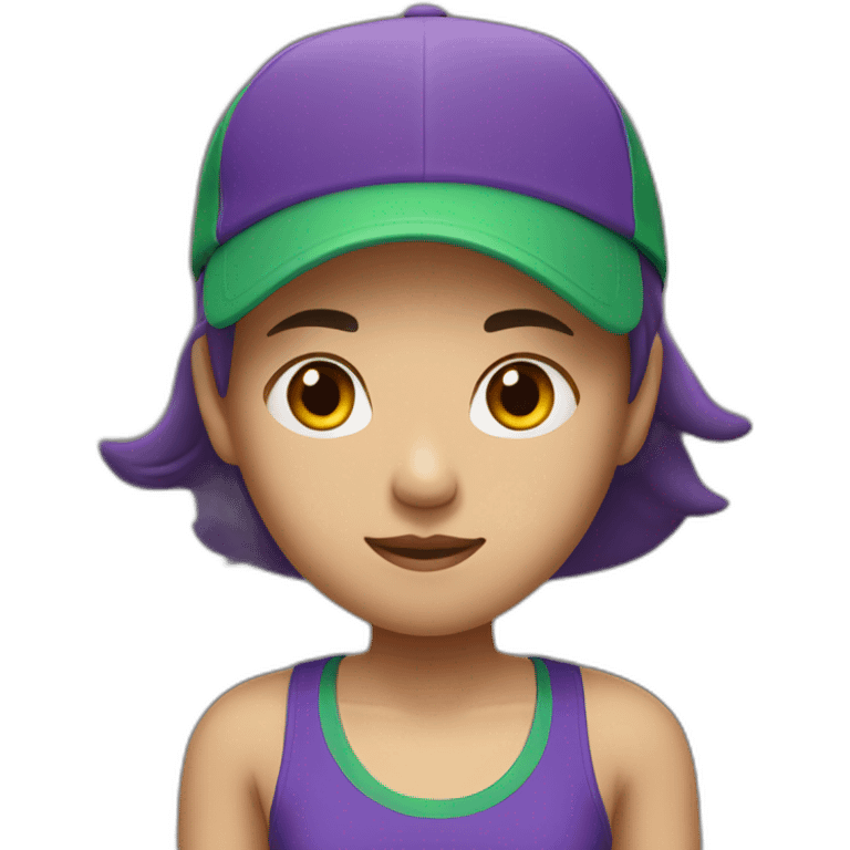 asian woman wearing a backwards green sports cap on her head a wearing a purple singlet emoji