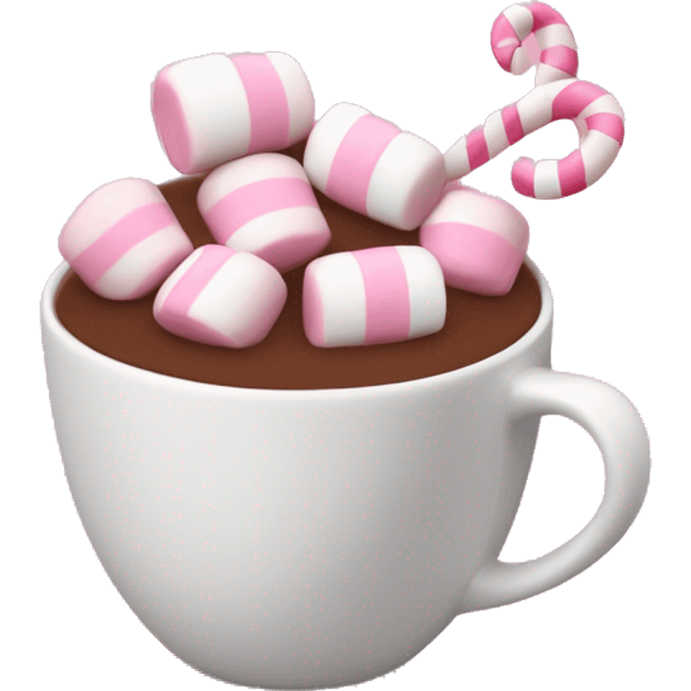 Hot chocolate with pink marshmallows in a pink and white stripped cup.  emoji