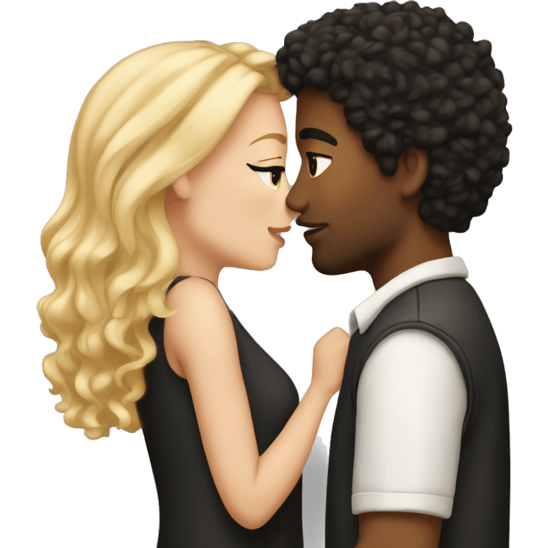 A white girl with blond straight hair kissing a light-skinned brown guy with curly black hair emoji