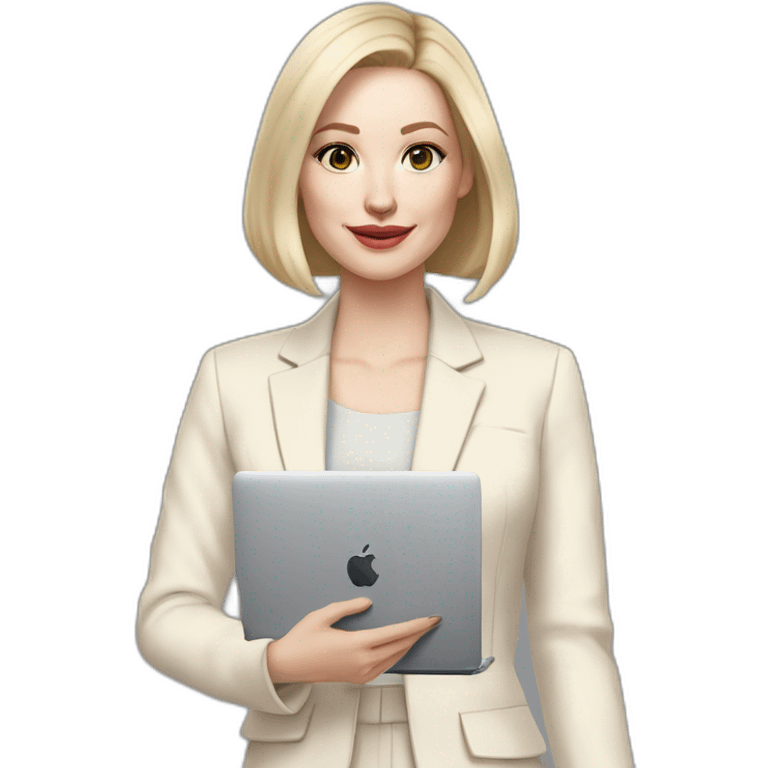 pale skin woman with ash blonde Straightened bob Hair, White Spacious classical jacket, beige palazzo Arrow pants and gray blouse holding a MacBook in the hands emoji