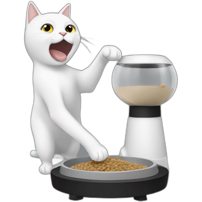 A black and white cat fighting with a pet feeder white machine emoji