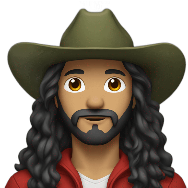 White cowboy with black  long  hair and beard wearing a black cowboy hat and a red and olive green hoodie  emoji