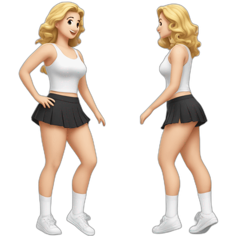 full-body-caucasian-curvy-beauty-jumping-short-black-skirt-back-and-front-views-strong-wind-white-knickers-long-white-socks emoji