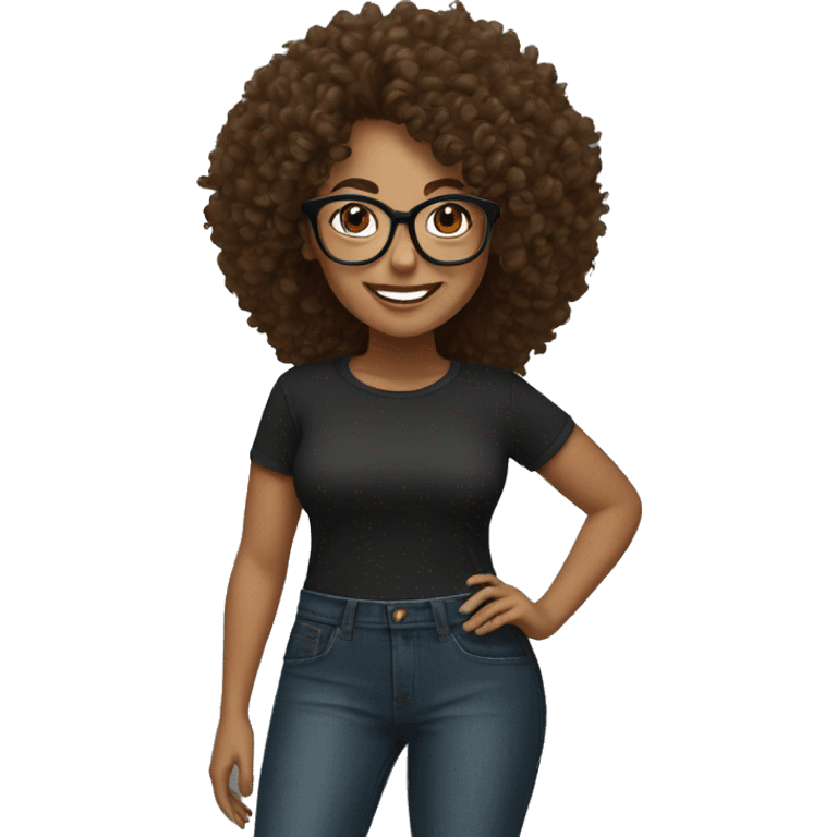 Woman with big curly hair with glasses in black blouse smiling with brown eyes in jeans and sneakers emoji