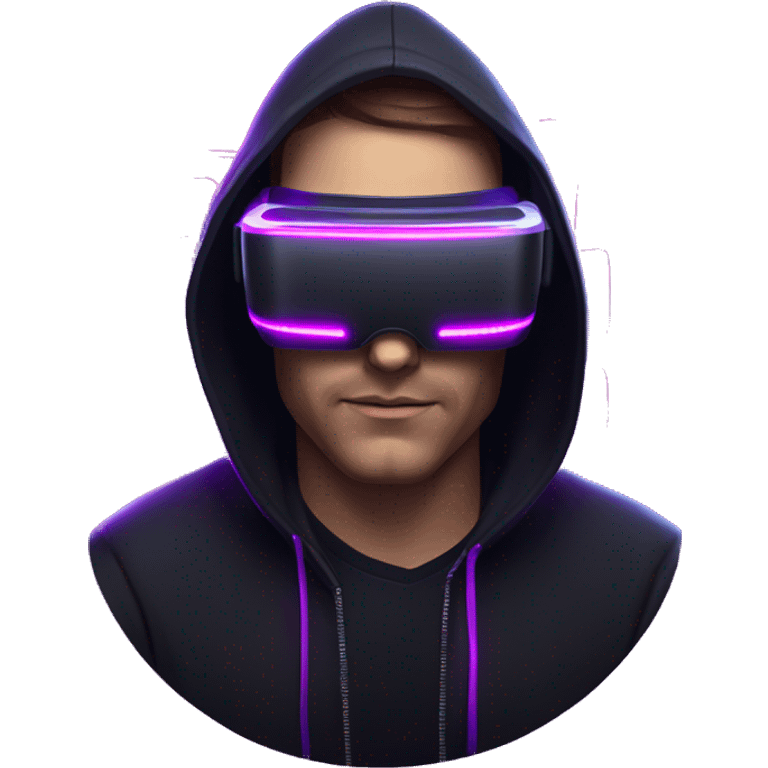 Russian man wearing a black hoodie with "OMG" letters on it and VR headset in a cyberpunk VR environment with violet neon lighting. emoji