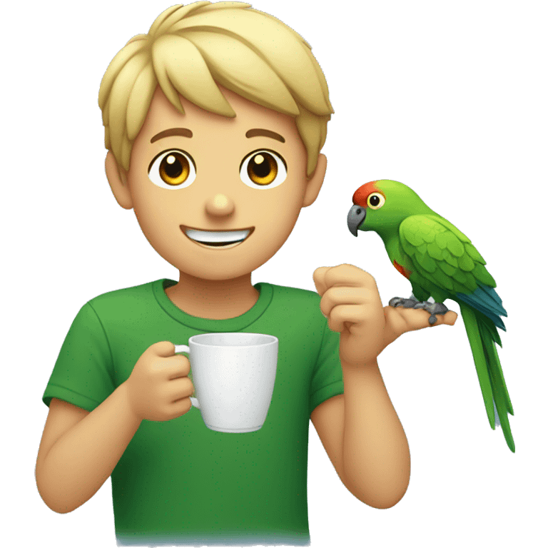 smiling boy with parrot cup with less fingers emoji