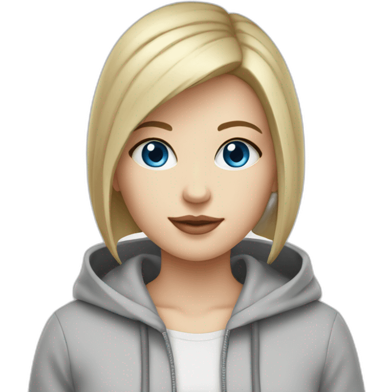 girl codes on computer,beautiful girl with short hair with computer, programming,blue eyes,white skin, makeup, hoodie emoji