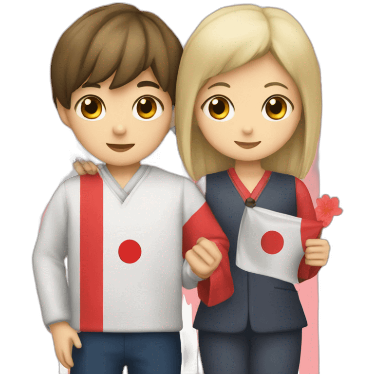 boy and girl holding Japanese flag emoji