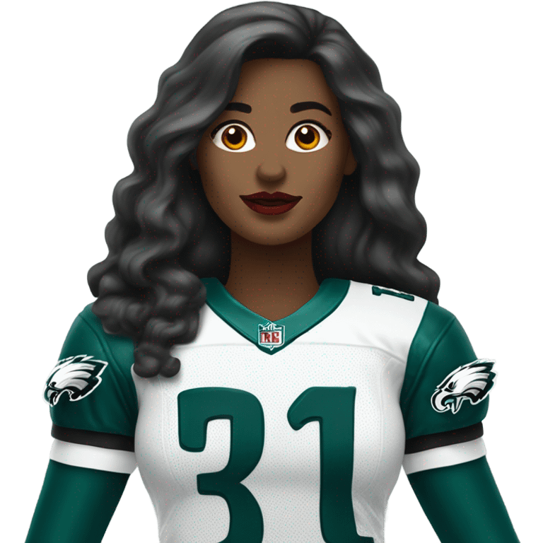 White female long dark hair red lips wearing Philadelphia Eagles jersey emoji