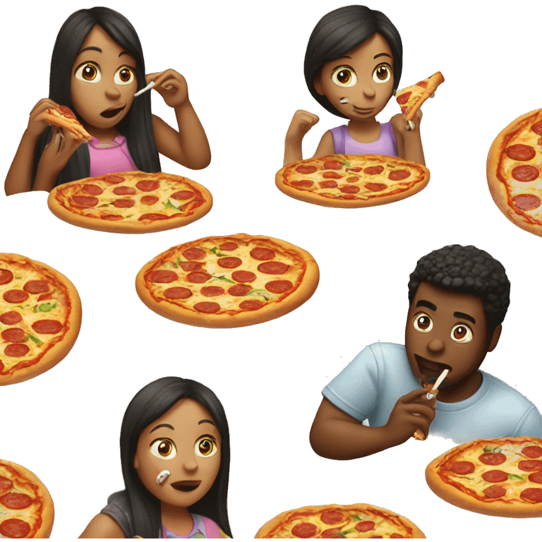 2 guys 1 girl eating pizza and smoking  emoji