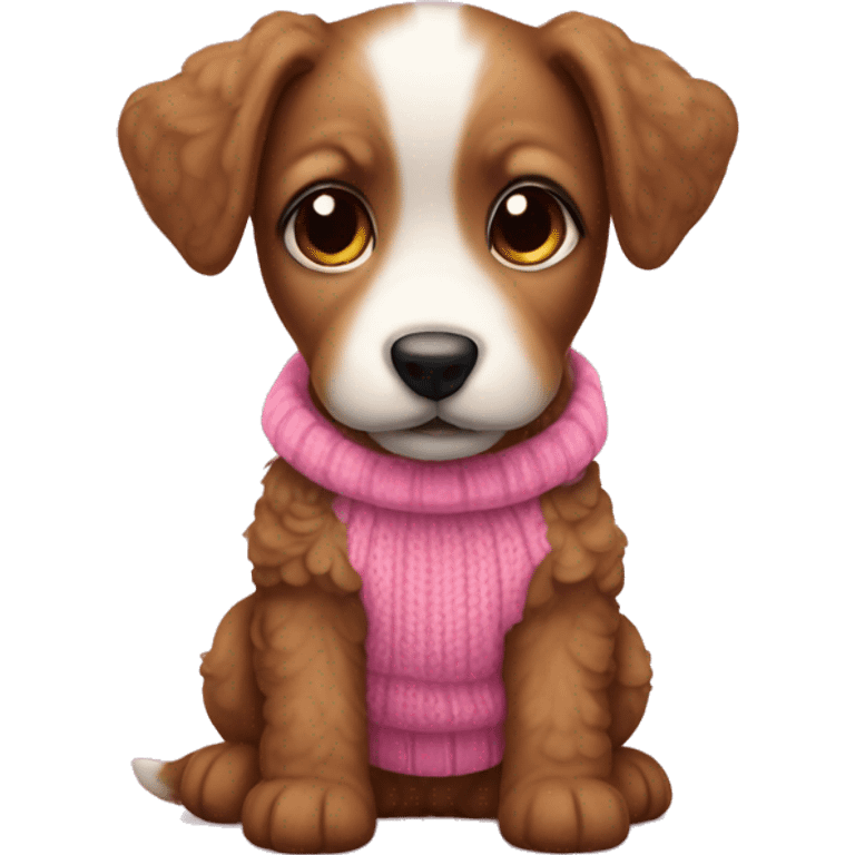 Brown doodle mini puppy in pink sweater and little pink bows on ears emoji