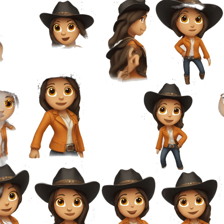 jumping brunette cow girl with tan skin, orange burnt coat, black hat emoji