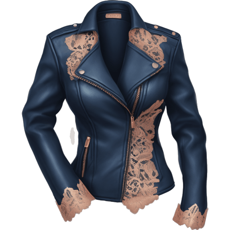 Realistic Isolated dark blue leather jacket open with rose gold lace bustier underneath.  emoji