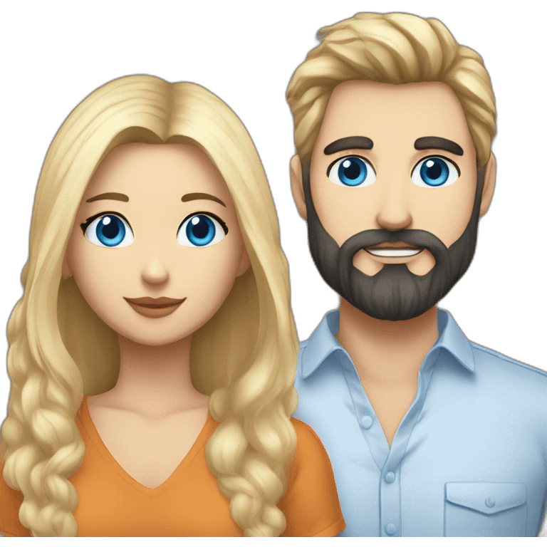 A woman with blue eyes and long blond with a man dressed in a Bitcoin-themed shirt dark hair andbeard.cradle an white Siberian cat with blue eyes. emoji