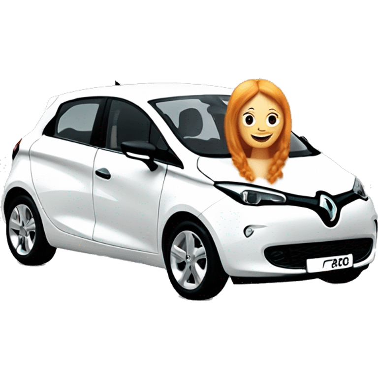 A white Renault Zoe car with a ginger girl next to it being happy  emoji