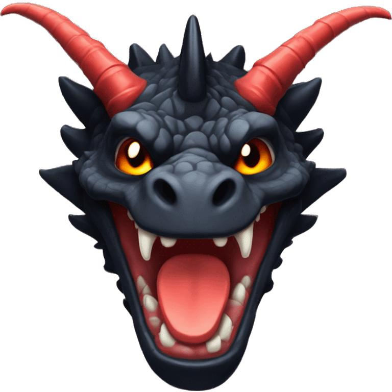 BlackDragon with Scarlet markings 2 horns waving in drawn anime style. vibrant colors. slght smirk and tiled head slightly emoji