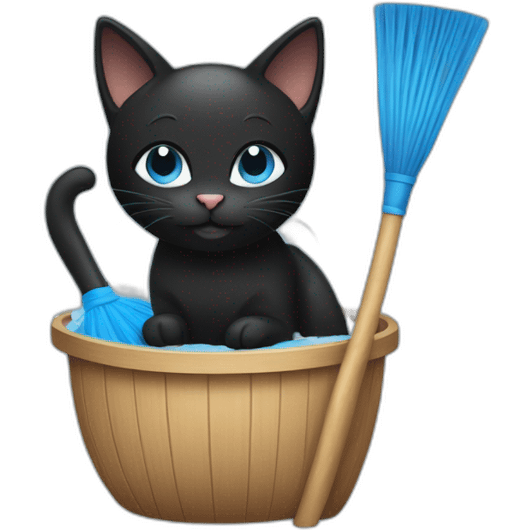 a black cat with blue eyes taking a steam bathome with a banya broom emoji