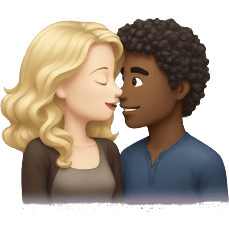 A blonde girl with pale skin kisses a light-skinned brown guy with dark curly hair emoji