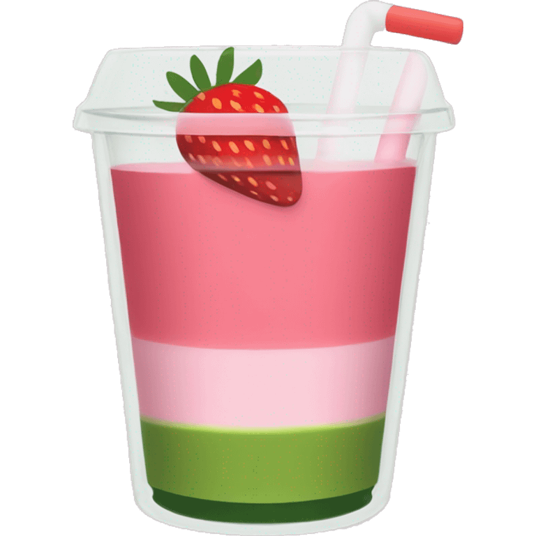 clear cup of strawberry matcha with a green top half layer and pink bottom half layer. A transparent straw sticks out emoji