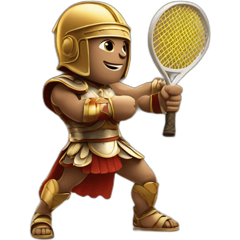 Roman gladiator with one tennis racket on right hand playing in tennis court emoji