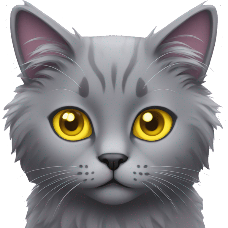 Gray fluffy cat with yellow eyes purple collar emoji