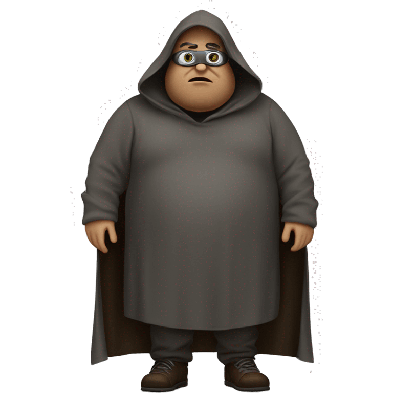 Fat guy shrouded in a dark brown grey cloak he has goggles and a fat enough underneath his hood and the hood is closed down to his big feet emoji