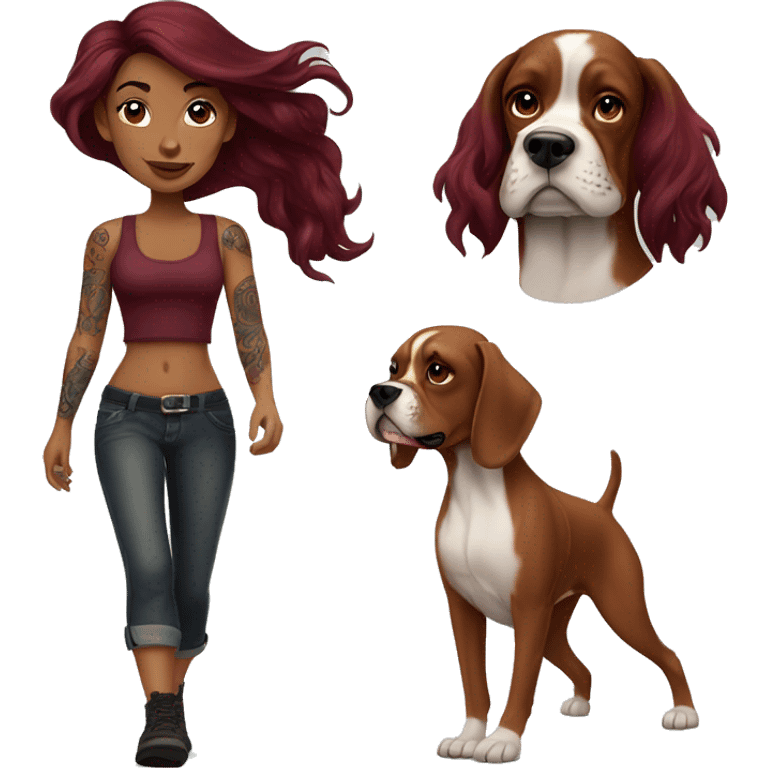 Beautiful tattooed  burgundy long haired woman walking a boxer dog emoji