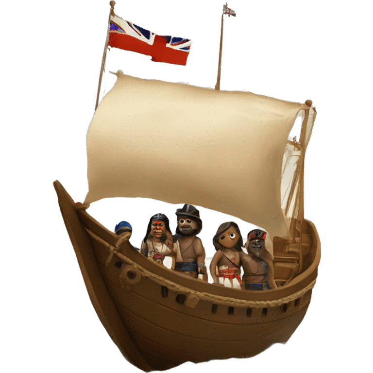 a ship and some land. the ship is approaching the land, and on the ship are british people. they are meeting the indians. there is a british flag on the ship. the indians are on the land. emoji