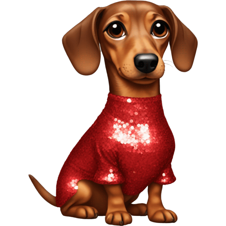 Dachshund wearing red sequin dress emoji