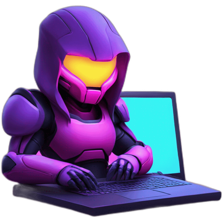 Girl developer behind his laptop with this style : Nintendo Samus Video game neon glowing bright purple character pink black hooded hacker themed character emoji