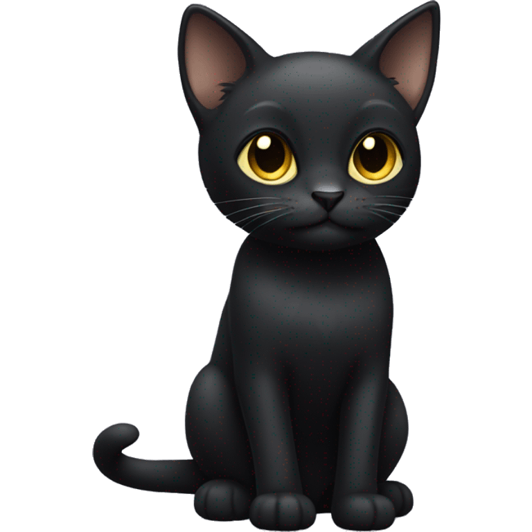 Small, slim black cat with smooth fur, light yellow eyes, and noticeable black ear tufts at the top of each ear, full body emoji