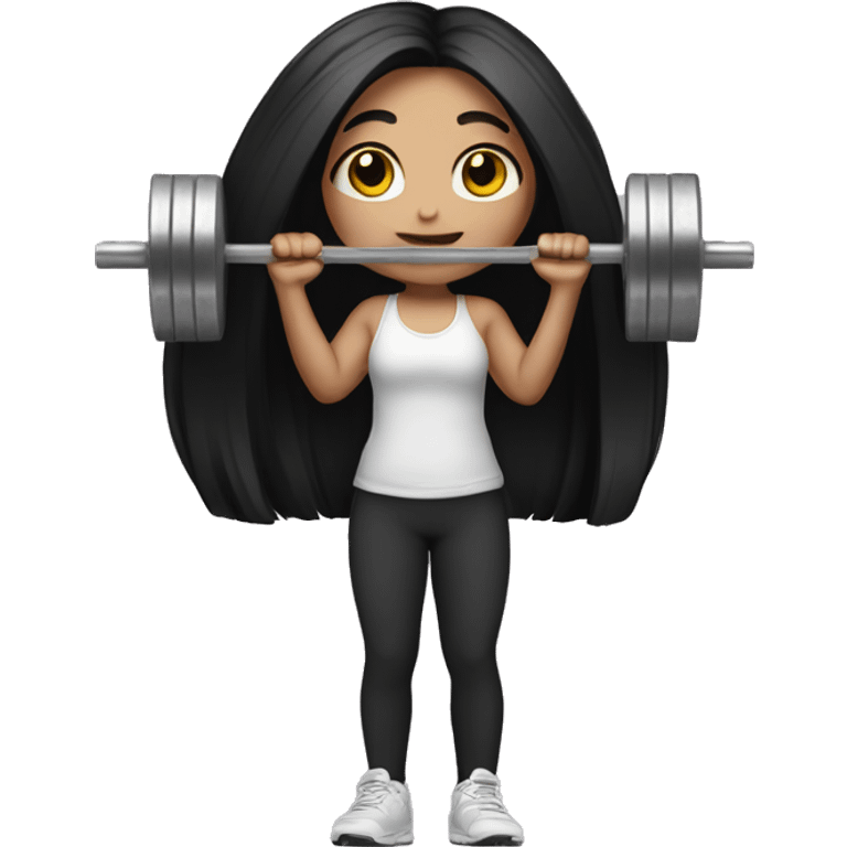 Pale girl with long black hair lifting weights emoji